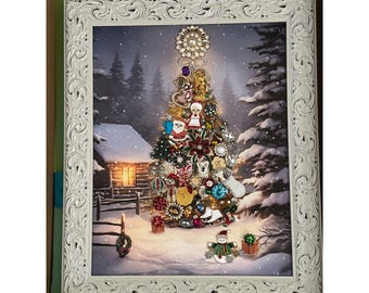 Framed Jewelry Picture Art Christmas Tree Outside a Cabin Scene Design by Betty