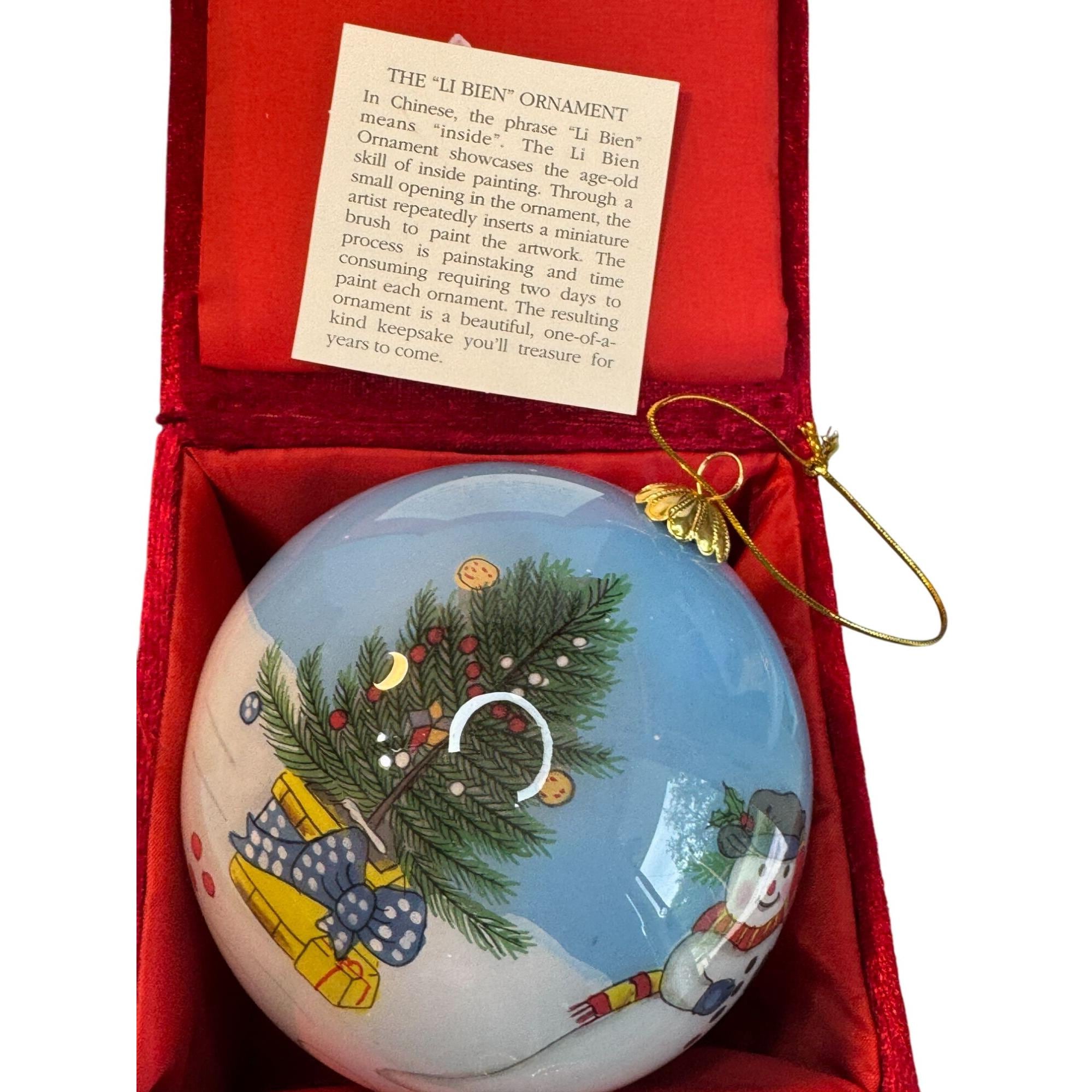 Li Bien Glass Ornament With Snowman & Children Design in Red Box