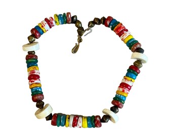 Old African Powderglass Krobo Trade Bead Necklace Brass Spacers 17&quot;