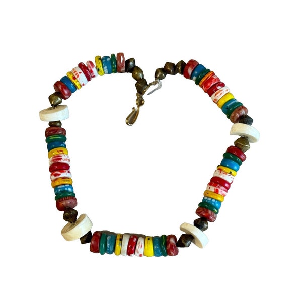 Alte afrikanische Pulverglas Krobo Trade Bead Halskette Messing Spacer 17"