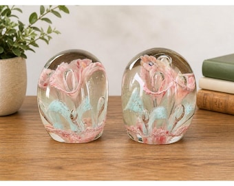 Heavy Art Glass Bookends Floral Paperweight Style Pink Blue Vintage 5" Pair