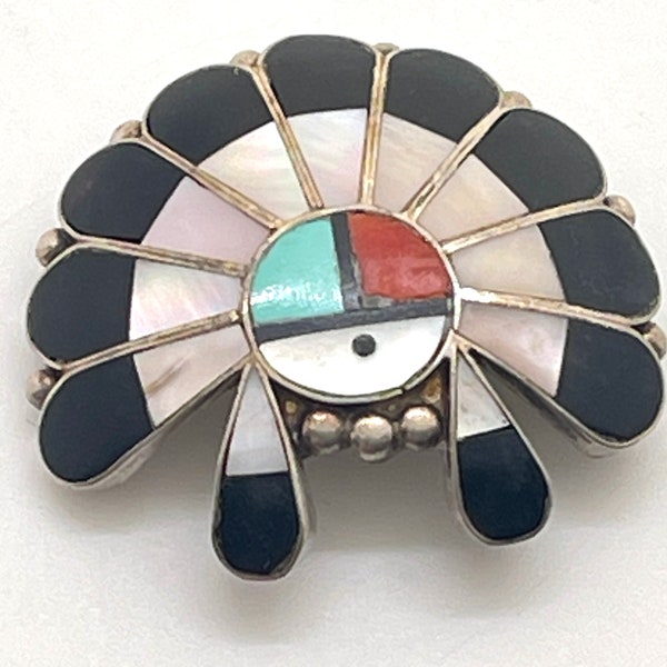 Vintage Zuni Sunface Turquoise Coral Sterling Pendant/Brooch Unsigned