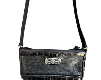 Brighton Black Leather Shoulder Bag 9" x 5" Turquoise Accent Medallion Croc Trim 9" Drop