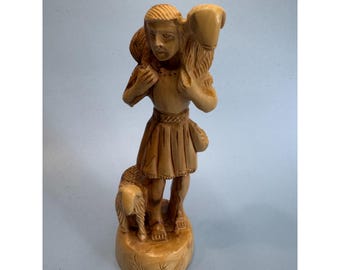 Vintage Hand Carved Olive Wood &quot;The Good Shepherd&quot; Figurine 7&quot;