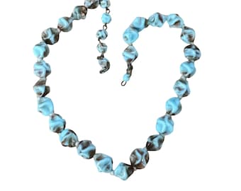 1950 Murano Glass Necklace Aventurine Gold Flecked Turquoise Nugget Beads 14.5"