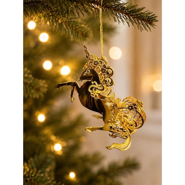 Danbury Mint Gold Tone Unicorn Christmas Ornament Filigree Floral Design