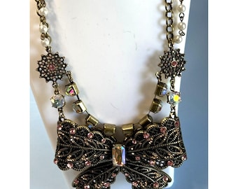 Vintage Betsey Johnson Statement Chunky Jeweled Bow Necklace Double Strand Pearl & Chain Design