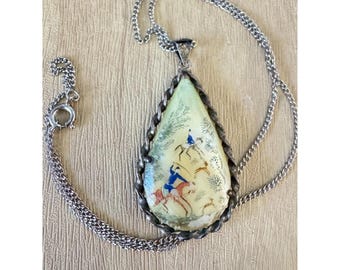 Vintage Persian Hand-Painted Teardrop Pendant Necklace W/ Horse & Bird Design Mother Of Pearl Silver Setting 15&quot; Chain