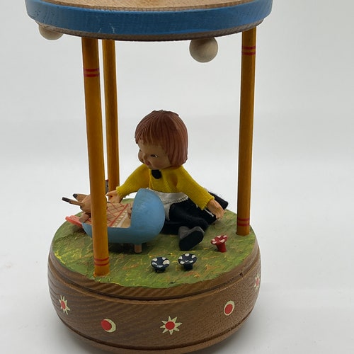 Vintage Anri Wood Carved Music Box Little Girl with Doll Bird Butterfly