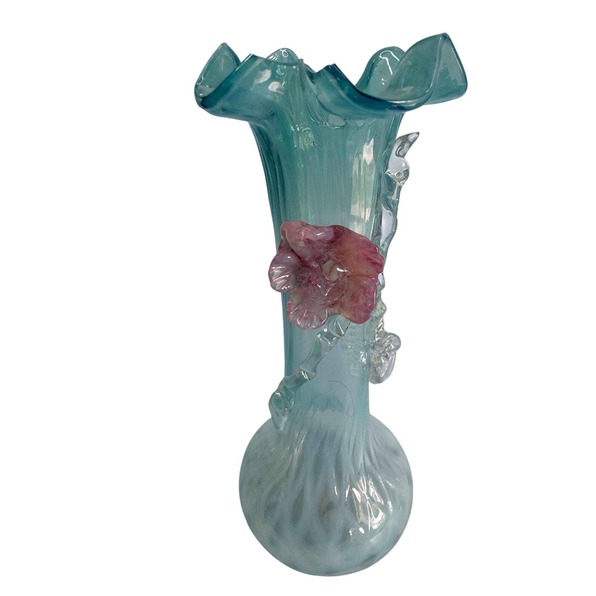 青とピンクのガラス花瓶　ガラス工芸品 手作りの青いレースガラスの花瓶、ピンクのバラの装飾付き 7インチ