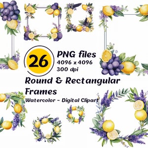 Lemon Wreath Clipart - Levander - Rechteckiger Rahmen PNG - Runder Rahmen PNG - Aquarell Stil Kranz Lemons & Levander - Blumen - Florale Kunst
