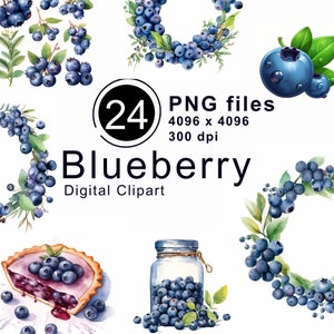 21 Watercolor Blueberries Clipart Images - Digital PNG Blueberry Pie & Jar Graphics For Instant Download Commercial Use