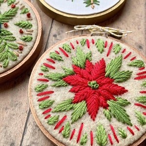 Vivid Poinsettia, Hand Embroidered, 3&quot; Christmas Ornament
