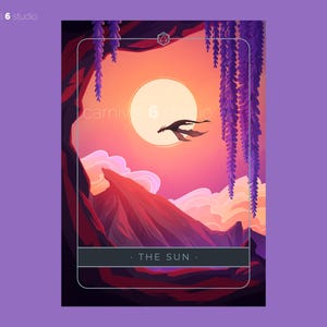 Puede incluir: Una ilustración de carta de tarot que representa un dragón volando a través de la abertura de una cueva hacia un sol naranja brillante. La carta se titula "THE SUN".