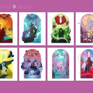 May include: Eight illustrated cards with arched frames, each depicting a different magic spell. The spells are: Evocation, Illusion, Necromancy, Transmutation, Conjuration, Divination, Abjuration, and Enchantment.