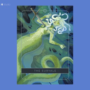 May include: A green and blue illustration of a woman with long white hair, lying on her back with a sword through her chest. The text "THE EURYALE" is written below her.
