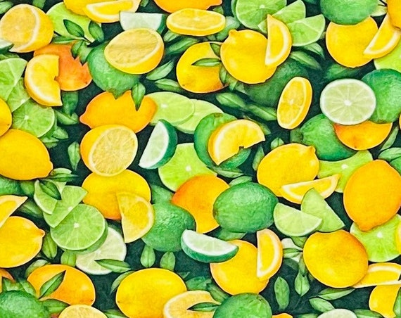 Lemons limes farm fresh fruit vegetables cotton Dan Morris QT fabrics