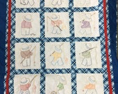 Overall Bill Amish made handmade crib quilt hand stitched hand embroidered denim blue