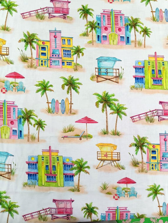 Coastal Breeze fabric by Northcott Miami Beach white background 100% cotton Sold by the yard