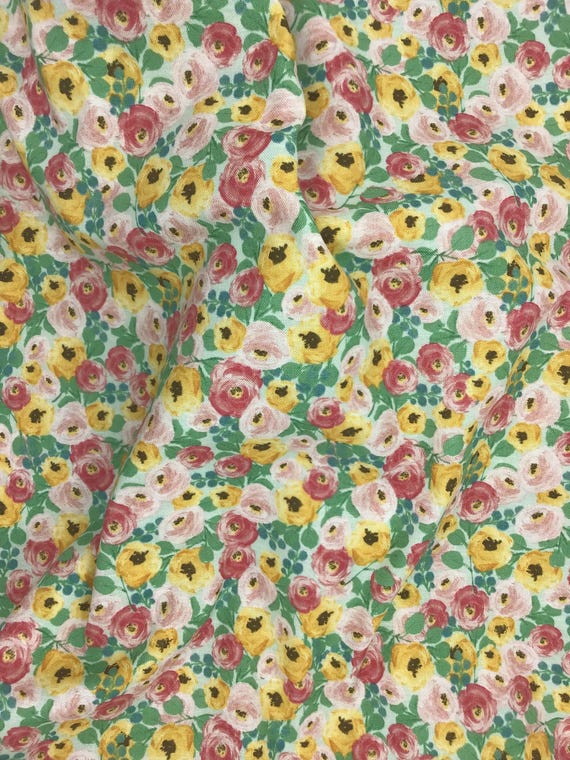 Depression 20s 30s Feedsack print 100% cotton fabric. RBD Pattern C14112 Spring Garden by My Minds Eye. Pink/yellow floral Sold by the yard.