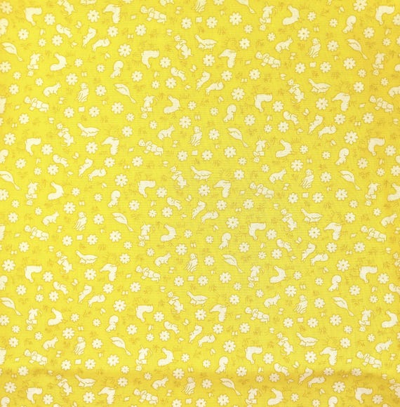 Depression 20s 30s Feedsack print. 100% cotton. RJR Everything but the Kitchen Sink, animals and flowers on yellow.  Sold by the yard