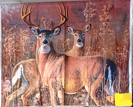 Two deer in autumn portrait by Lambson's Wildlife Art 100% cotton fabric panel 35x43