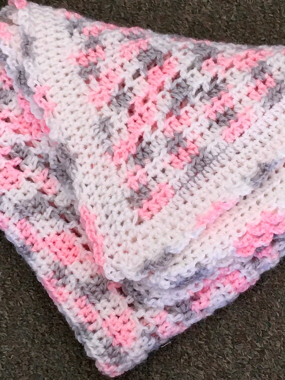 Car seat blanket crochet baby afghan pink grey handmade in USA Amish made approx 25x25 inches wash warm