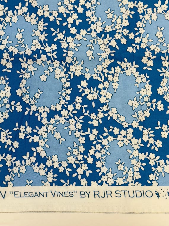 Depression 20s 30s feedsack print 100% cotton RJR Studio E.B.T.K.S XV “Elegant Vines” Blue floral fabric. Sold by the yard.
