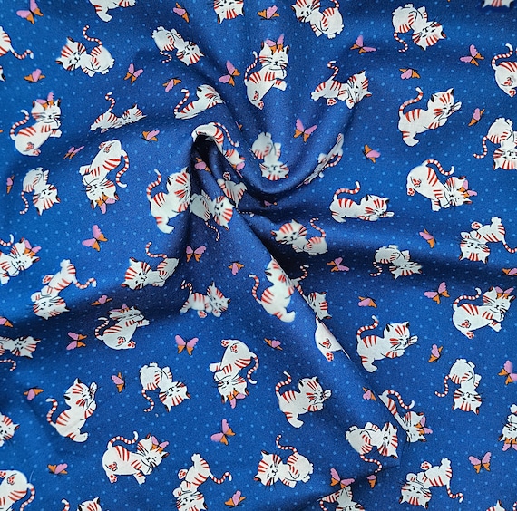 20s 30s feedsack depression print fabric Whimsies by Claire Holliday for Ink & Arrow by QT Fabrics 100% cotton Cats on blue background