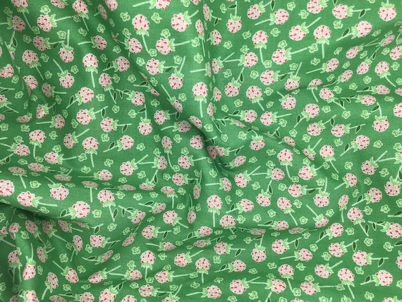 Depression 20s 30s Feedsack print 100% cotton fabric. RBD Clover Farm by Gracey Larson. Pink floral on green background.  Sold by the yard.