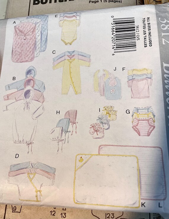 Butterick 3812 infant 11 piece layette sewing pattern uncut size newborn to 30 lbs easy sewing pattern
