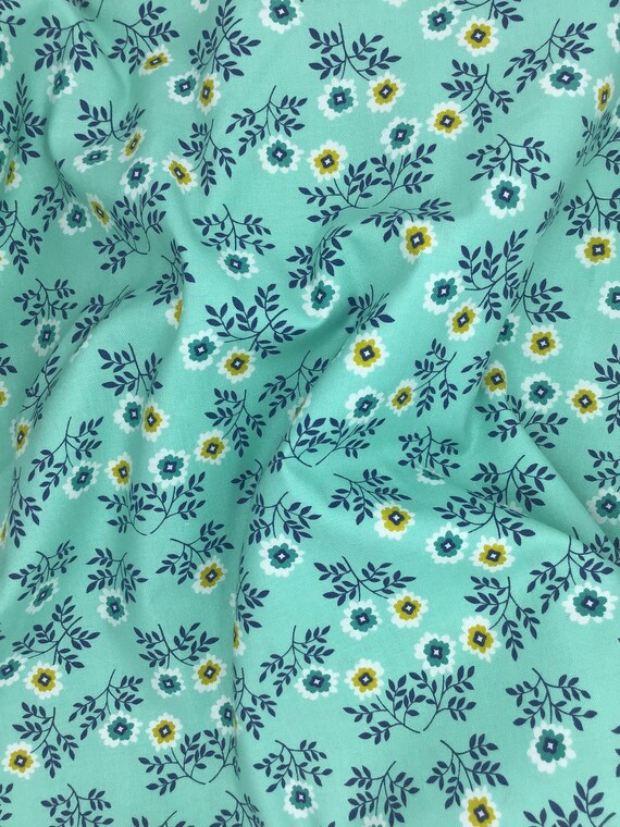 Depression 20s 30s feedsack print 100% cotton. Moda “Good Works” by Linzee Kull McCray teal/yellow  floral fabric. Sold by the yard.
