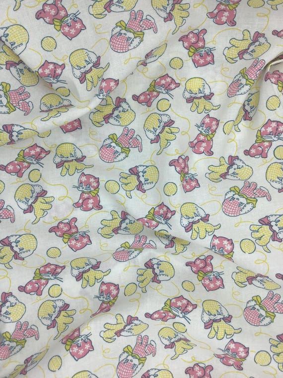 Depression 20s 30s feedsack print 100% cotton E.B.T.K.S XV “Furry Critters” RJR Studios. Pink/yellow on white background. Sold by the yard.