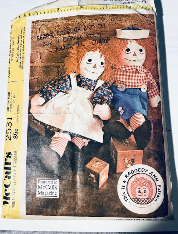 Raggedy Ann and Andy dolls sewing pattern vintage 1970 McCalls 2531 3 sizes 15" 20" 25" used cut pieces and instructions intact