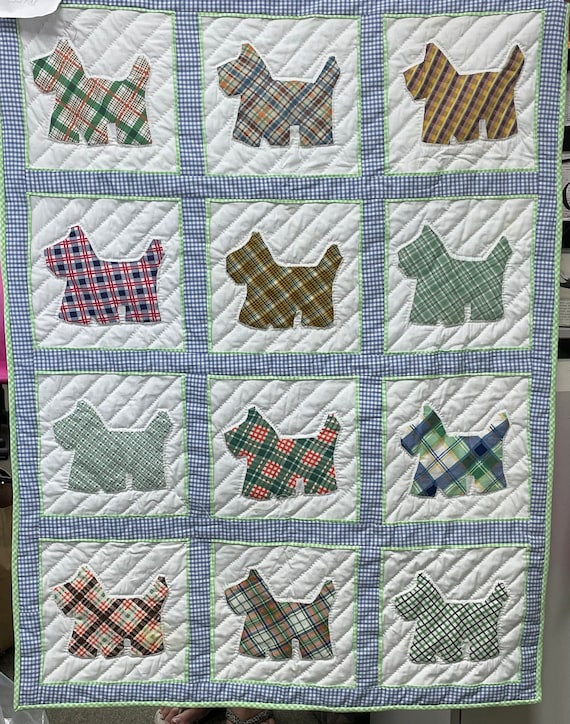crib quilt scottie dogs vintage feed sack fabric hand applique hand quilted