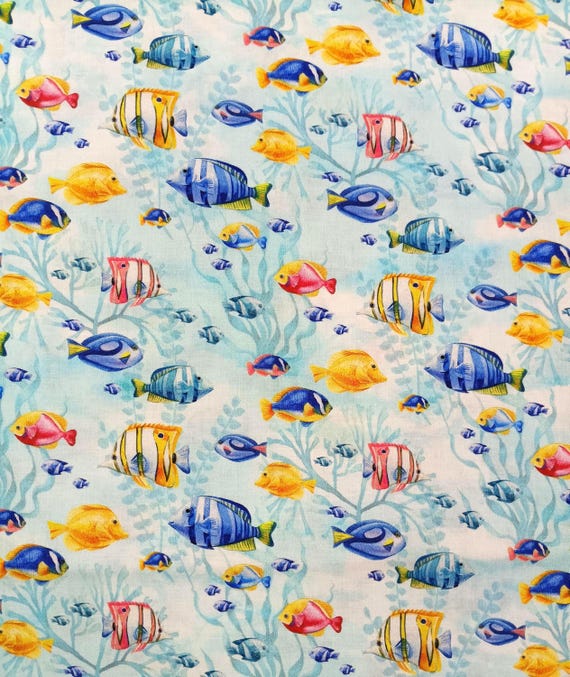 Coastal Breeze fabric by Northcott Fish on aqua background 100% cotton Sold by the yard