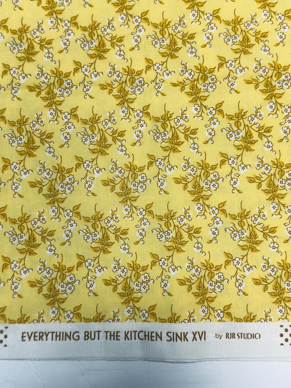 Depression 20s 30s feedsack print 100% cotton RJR Studio Everything but the kitchen sink yellow floral fabric. Sold by the yard.