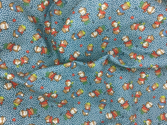 Depression 20s 30s feedsack print 100% cotton RBD designs Playtime 30s C15150. Cute bears on teal blue background.  Sold by the yard.