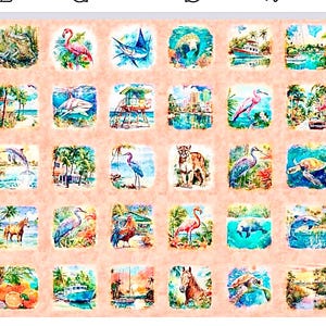 Puede incluir: Un panel de tela con un patrón repetido de ilustraciones en acuarela. Las imágenes incluyen varios animales y escenas de Florida, como un flamenco, un delfín y escenas de playa. El fondo es de color melocotón claro.