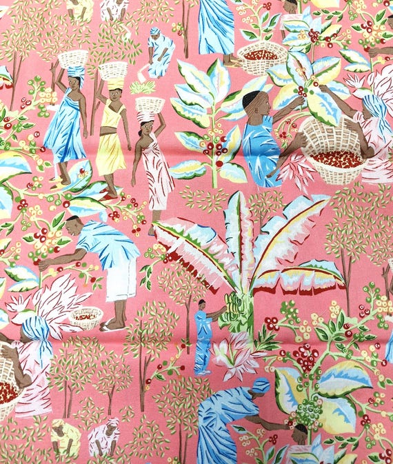 Coffee Cherry Farm Coral background, Dayo African Collection 100% Cotton Sold by the yard