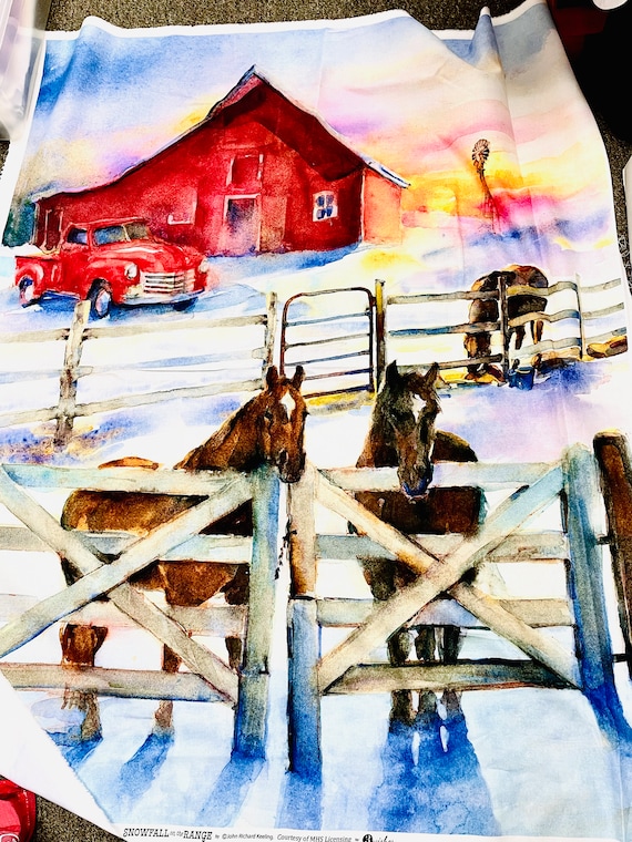 Fabric panel cotton horses Snowfall on range large barn red truck 3 wishes by John Keeling