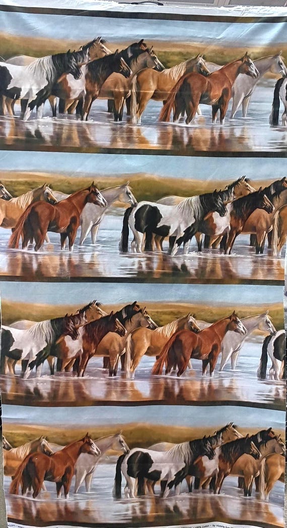 Unbridled cotton fabric panel 24x43 horses standing in water