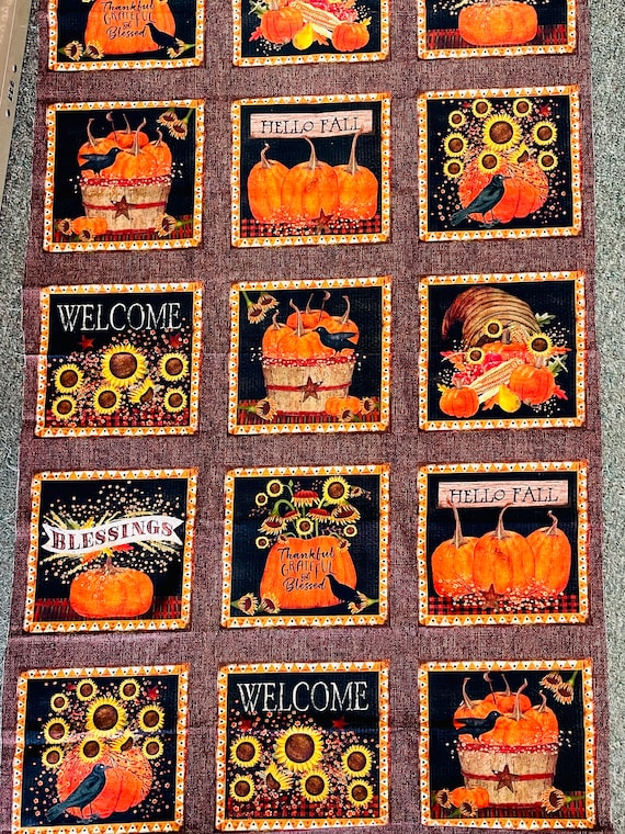 Hello fall fabric cotton autumn Benartex panel pumpkins cornucopia harvest thanksgiving hot pad squares fabric panel