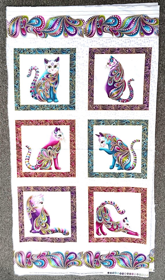 Cat-I-Tude Panel and fabric White/Multi by Ann Lauer for Benartex