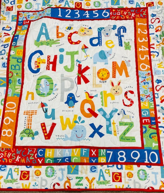 Alphabet Baby crib quilt toddler soft cozy flannel ABC Alphabet I Spy 100% cotton washable Amish made in USA