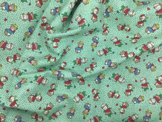 Depression 20s 30s feedsack print 100% cotton RBD designs Playtime 30s C15150. Cute bears on green background.  Sold by the yard.