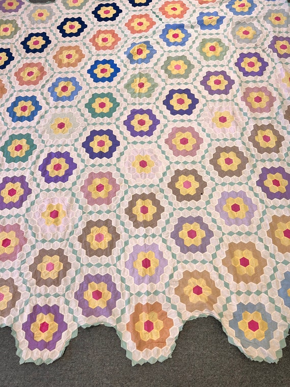 Rare 1920s Feedsack Vintage Quilt Top with green garden path - Grandma's Flower Garden Treasure