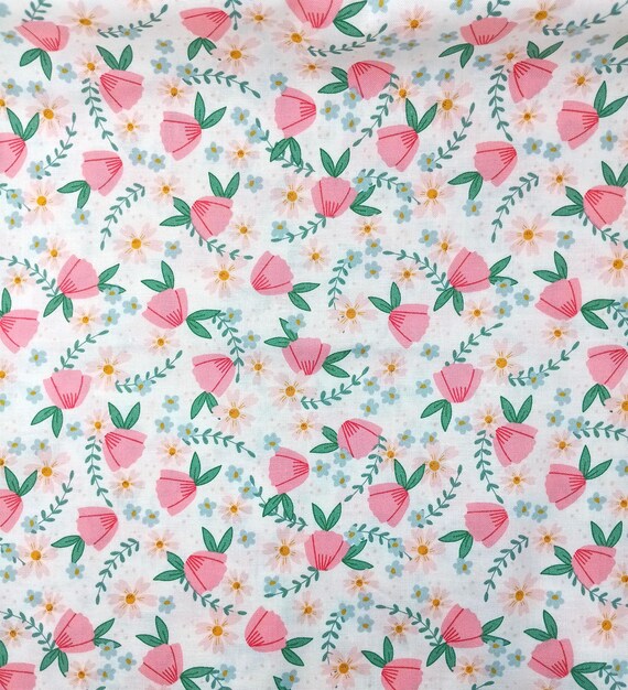 Depression 20s 30s feedsack print 100% cotton fabric. Andover Fabrics Blooming Bouquet by Amy Latta Pattern 1492 pink flowers on white