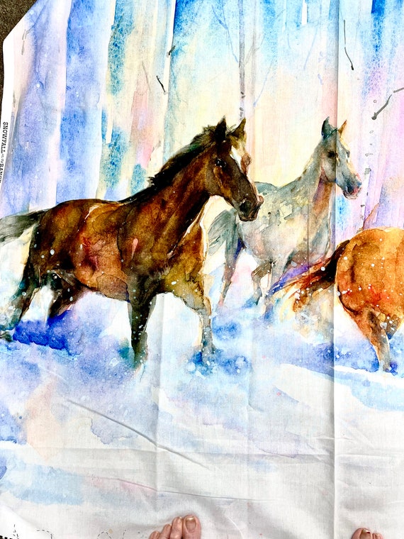 Snowfall on the range fabric horses running panel 3 wishes John Keeling design 36x44 100% cotton