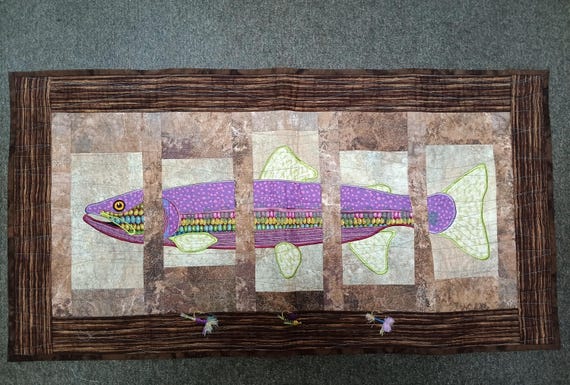 About Trout quilted finished wall hanging or unique table runner Rainbow Trout Man Cave Fishing Room Wall Decor Outdoor Wildlife Fly Fishing